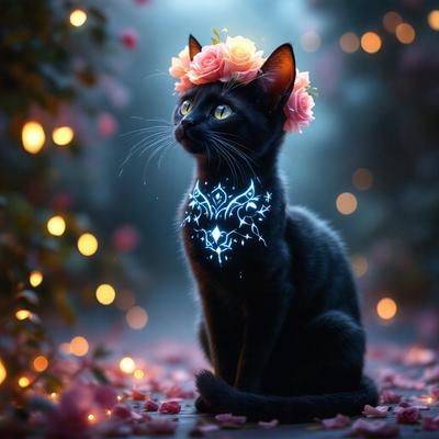 The primary subject of the image is a black cat with a flower crown on its head. The cat is sitting on a path surrounded by pink flowers. The setting appears to be a forest or a garden, with a nighttime atmosphere. The visual style of the image is a combination of photo and digital art, creating a unique and eye-catching scene. The dominant colors are black, pink, and white, giving the image a warm and lively mood.